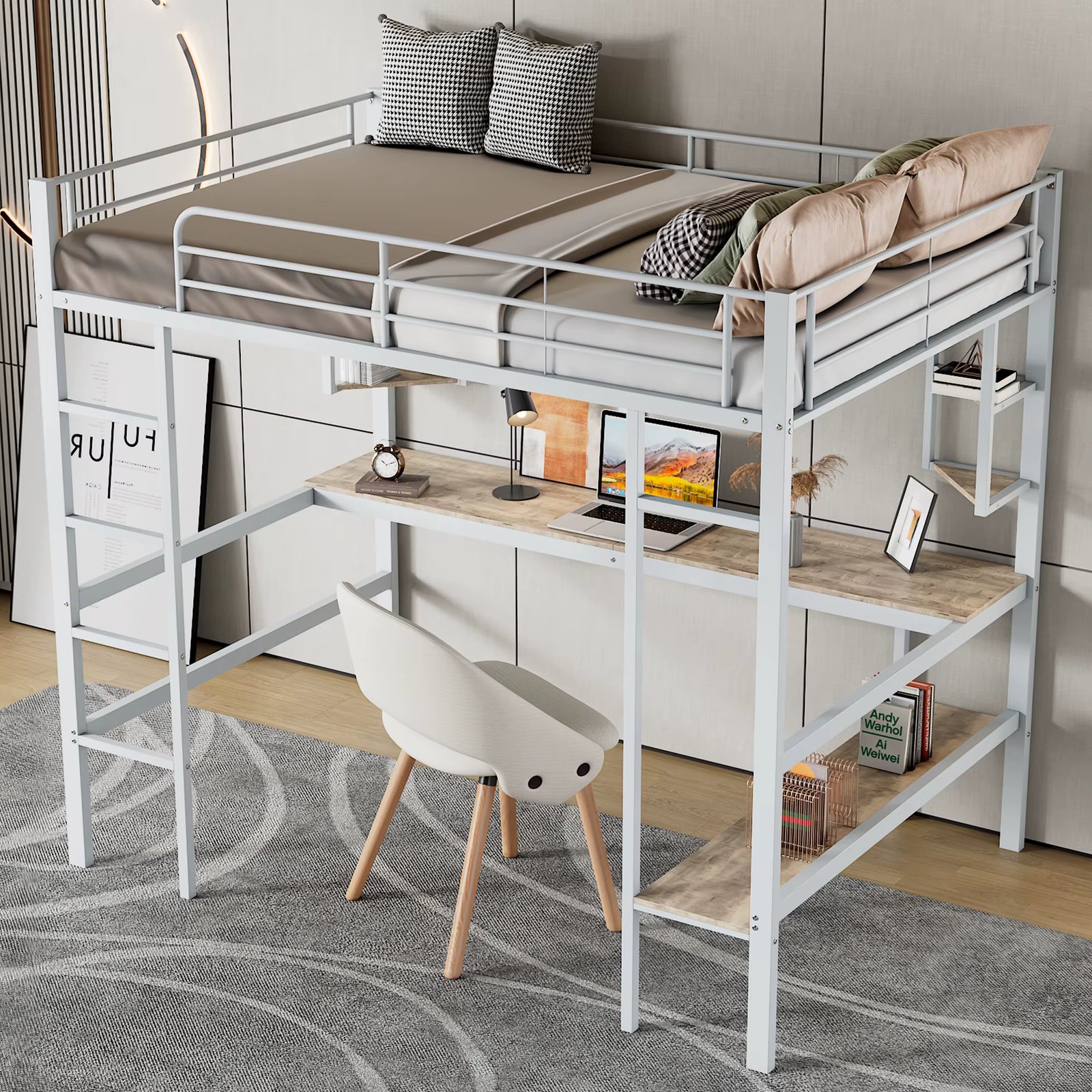 Stylish Metal Loft Bed with Desk and Shelves –Frame Bed for Space-Saving in Bedrooms, Student Dorms, or Shared Living Spaces