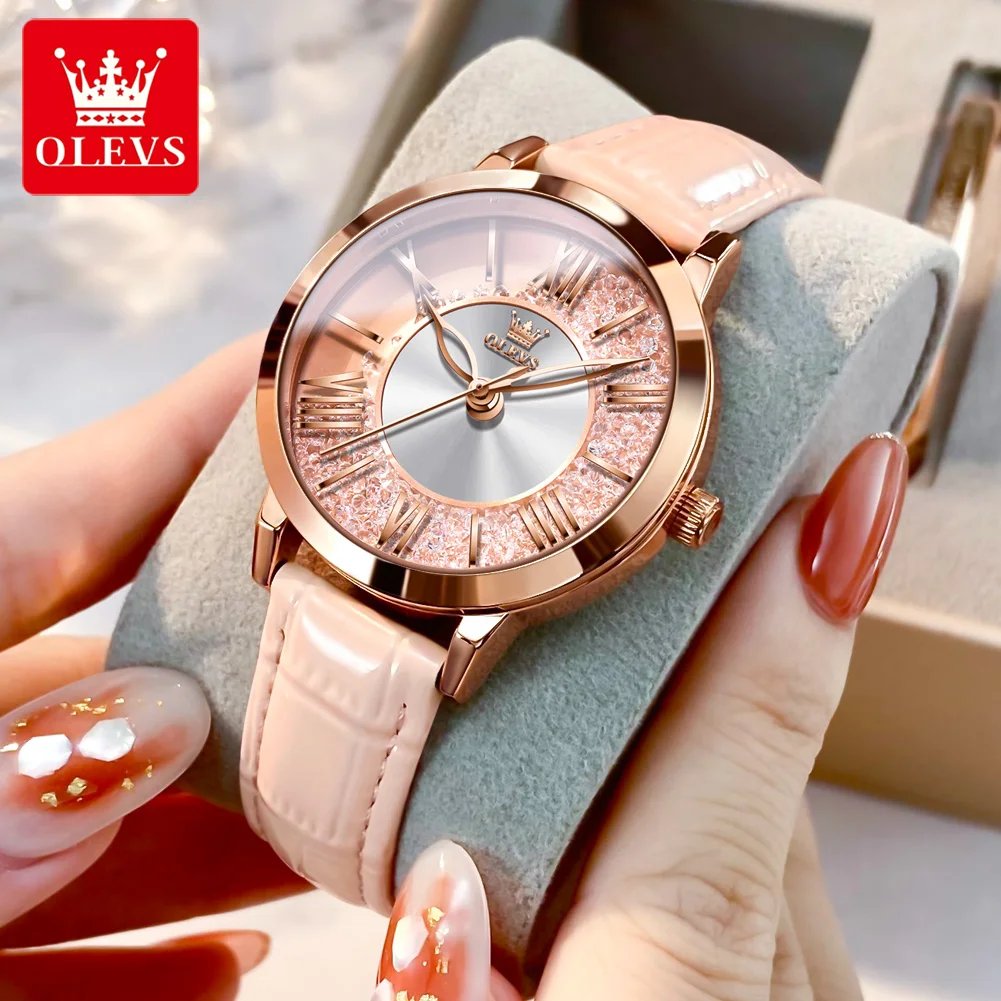 OLEVS 5539 Quartz Watch Woman Flowing Crystal Design Roman Numeral Scale Ladies Wristwatch Leather Strap Waterproof Womens Watch