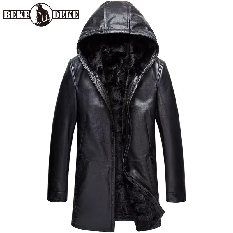 Luxury Business Men Winter Warm Real Mink Fur Lining Coat Mid Long Cowhide Genuine Leather Jacket Man Hoody Shearling Overcoat