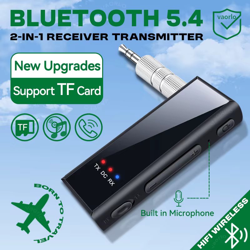 New Bluetooth 5.4 Audio Transmitter Receiver 3.5MM AUX Stereo Music Wireless Adapter With Mic Support TF Card Play For Car TV PC