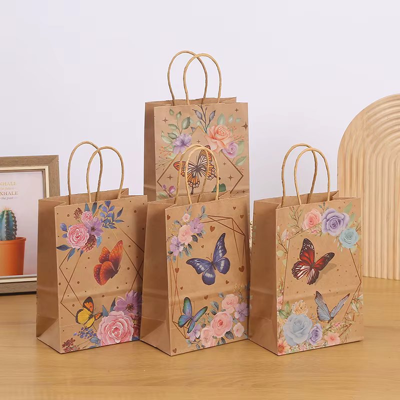 12pcs Butterfly Print Kraft Paper Bags with Handle Cookie Candy Gift Bag Wedding Favor Bag Baby Shower Birthday Party Decoration