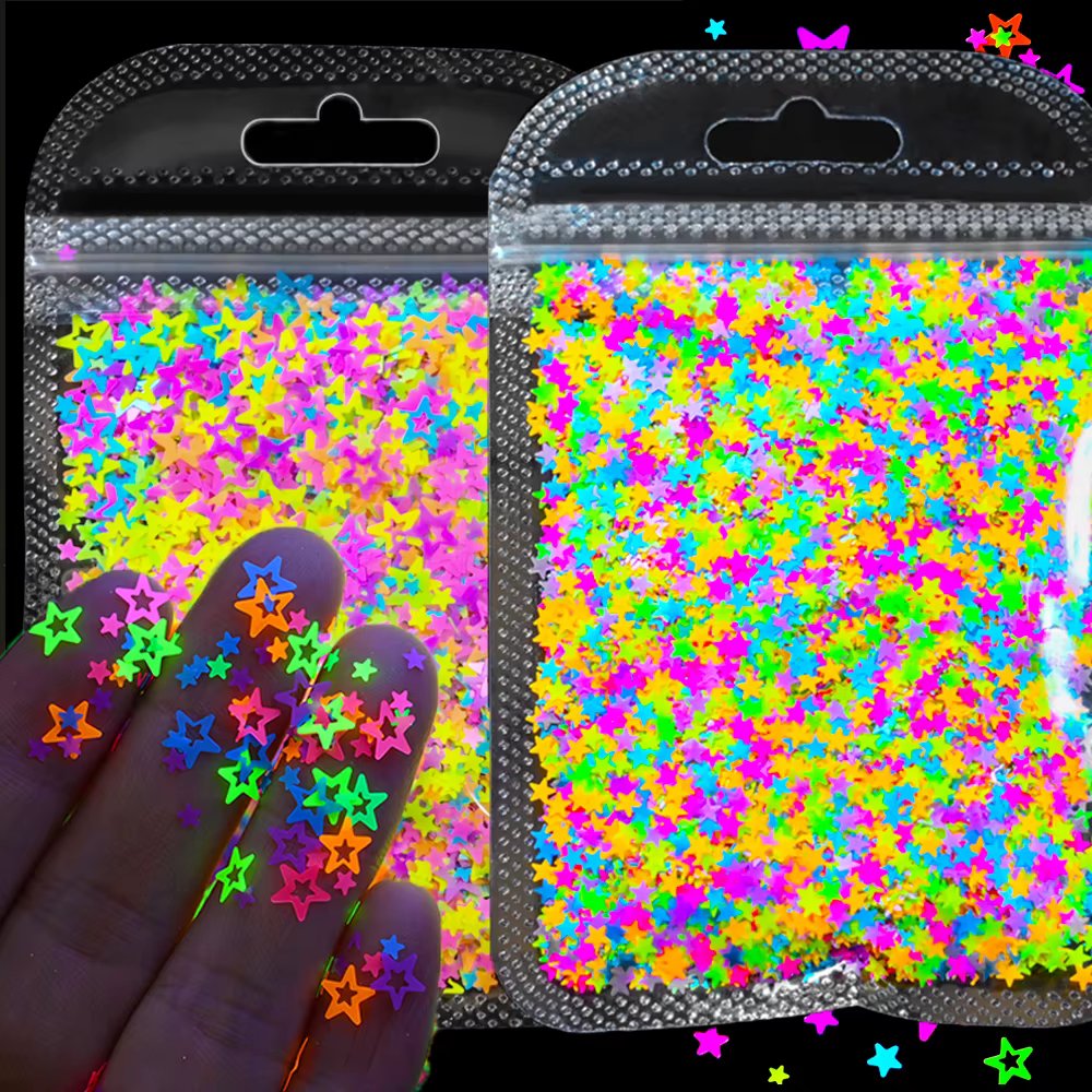 10g Neon Star/Moon/Weed Fluorescence Nail Sequins Colorful Star Design Glitter Flakes Christmas Neon Manicure Star Sequins &*&