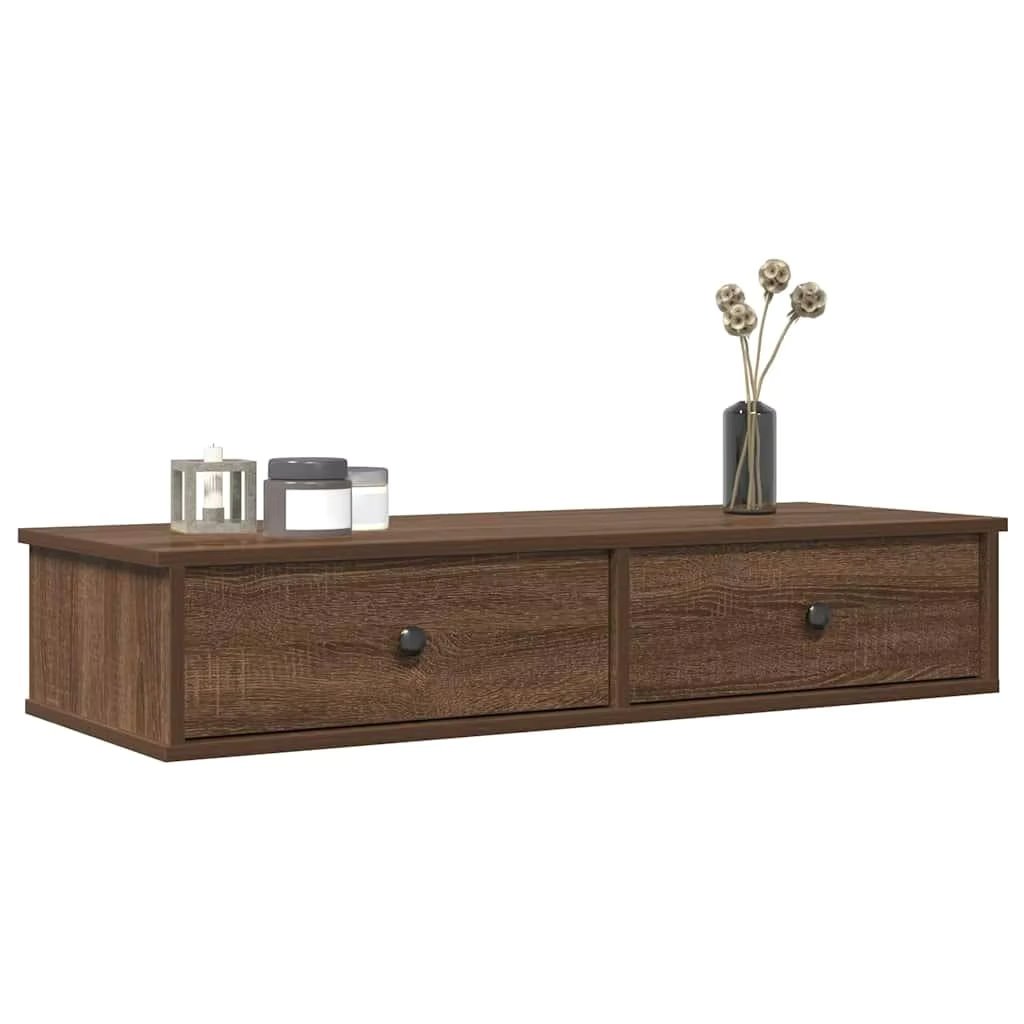 Brown Oak Wall Shelf with Drawers - 100x37.5x19 cm Engineered Wood Storage Solution