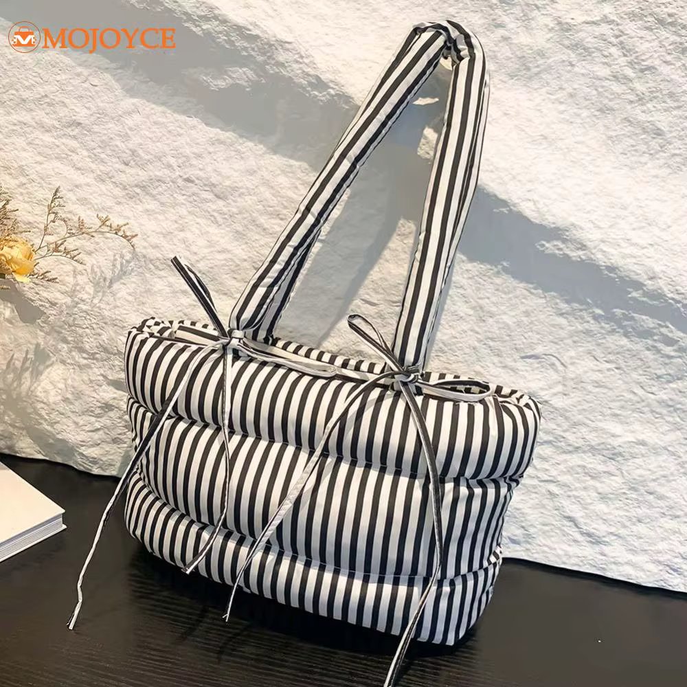 2024 Autumn Winter Puffer Tote Bag for Women's Quilted Cotton Padded Shoulder Bag Striped Hasp Closure Stylish Commuting Handbag