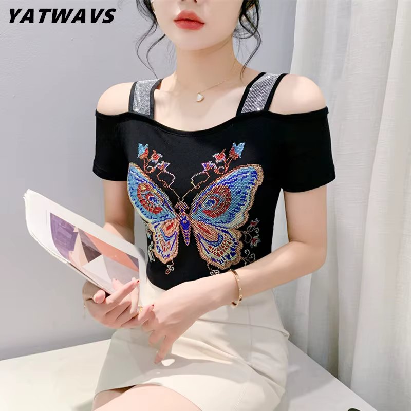 New Summer T-shirt Girls Slash-Neck Short Sleeve Tops Shirt Fashion Butterfly Diamonds Tees Women Double-layer Mesh Slim Clothes