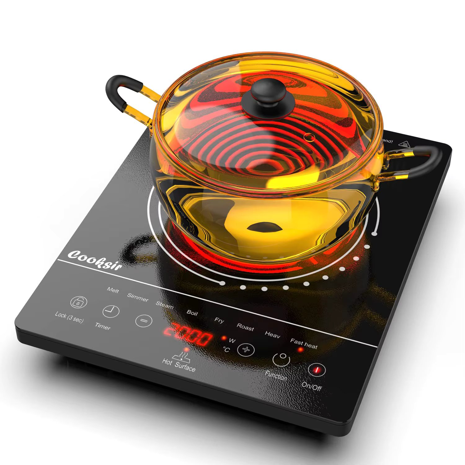 Cooksir Portable Single Electric Ceramic Hob with LED Touch Screen，2000W with 4-Hours Timer，Safety Lock，Residual Heat Indicator