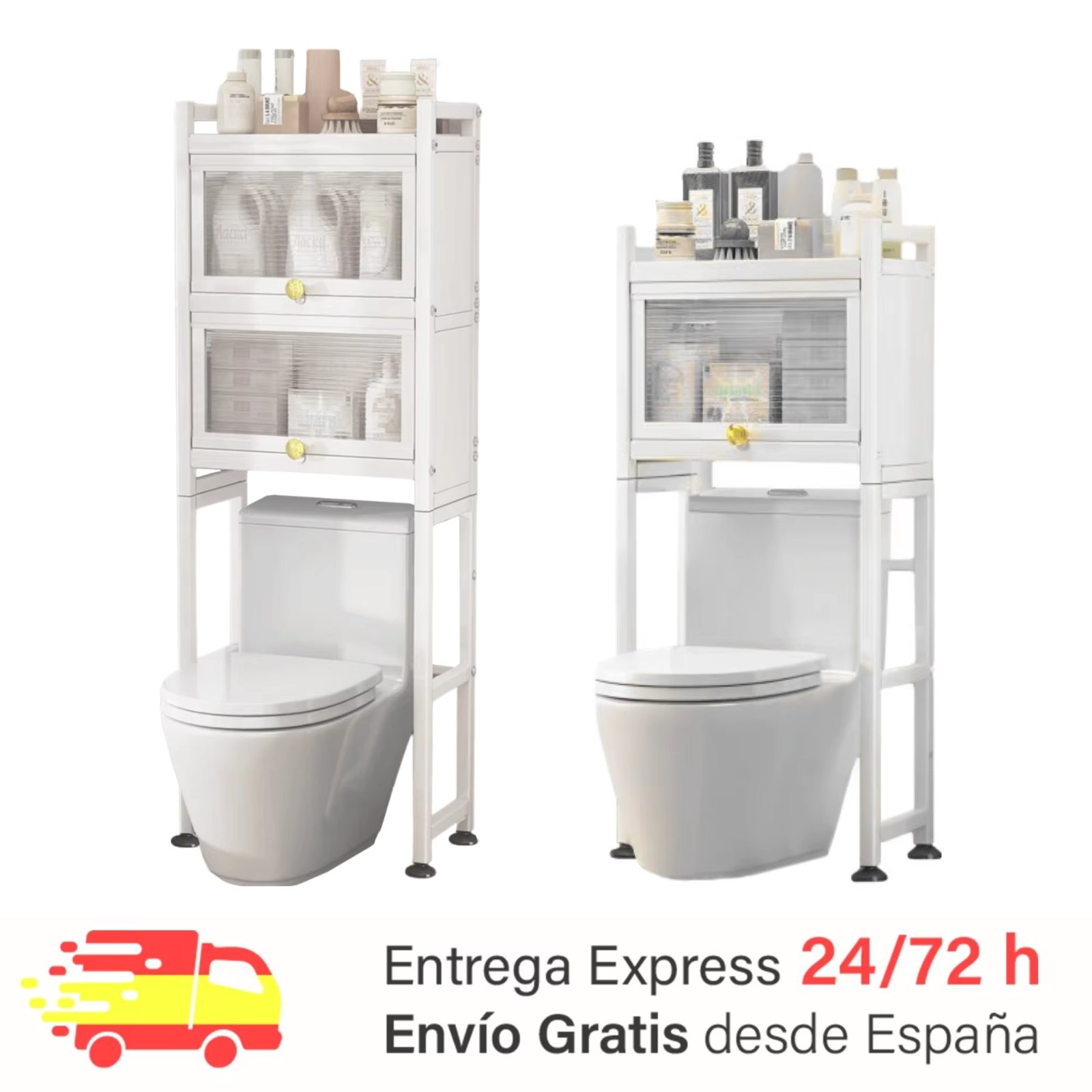 Shelf over toilet with swing doors | Multipurpose organizer WC shelf | Bathroom storage shelf | Saves space with 2/3 levels | Height adjustable legs.