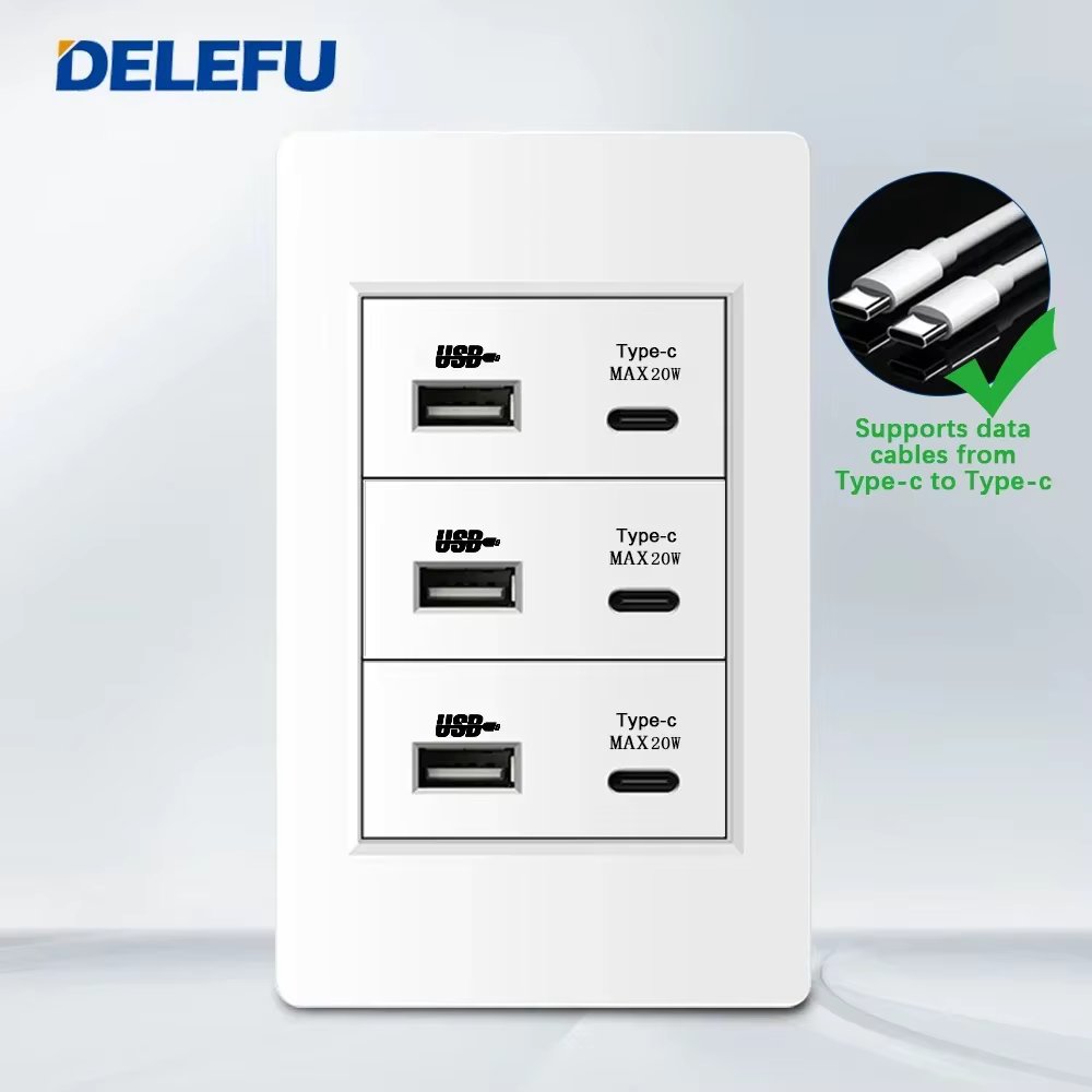 DELEFU 4*2 PC Flame Retardant Panel 20w Fast Charging port Triple USB Type C Wall Plug 118*74mm 2.1A 5V Outlet