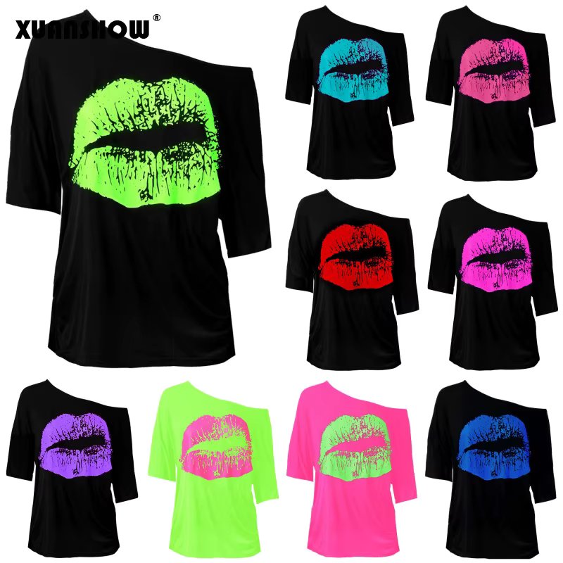 XUANSHOW 2024 Women Sexy Costume Tops Shew Collar Mid Sleeve Big Lips Printed Vintage Loose Clothes Ladies T-shirts