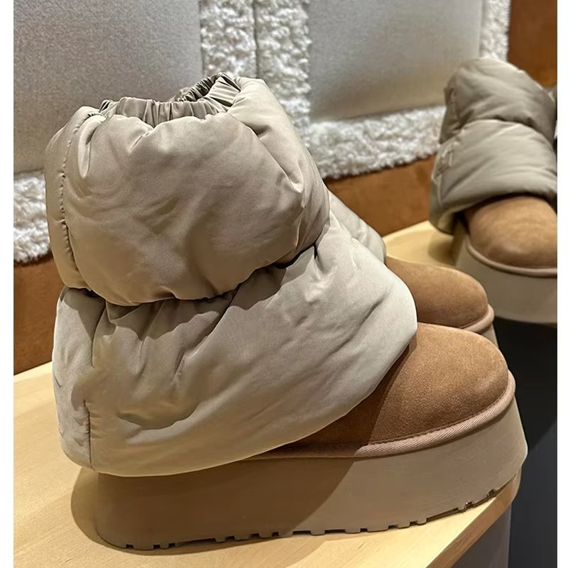 갈색 둥근 머리 두꺼운 바닥 다운 스노우 부츠 2025년 겨울 여성 패션 블랙 접합 모직 두꺼운 보온 면화