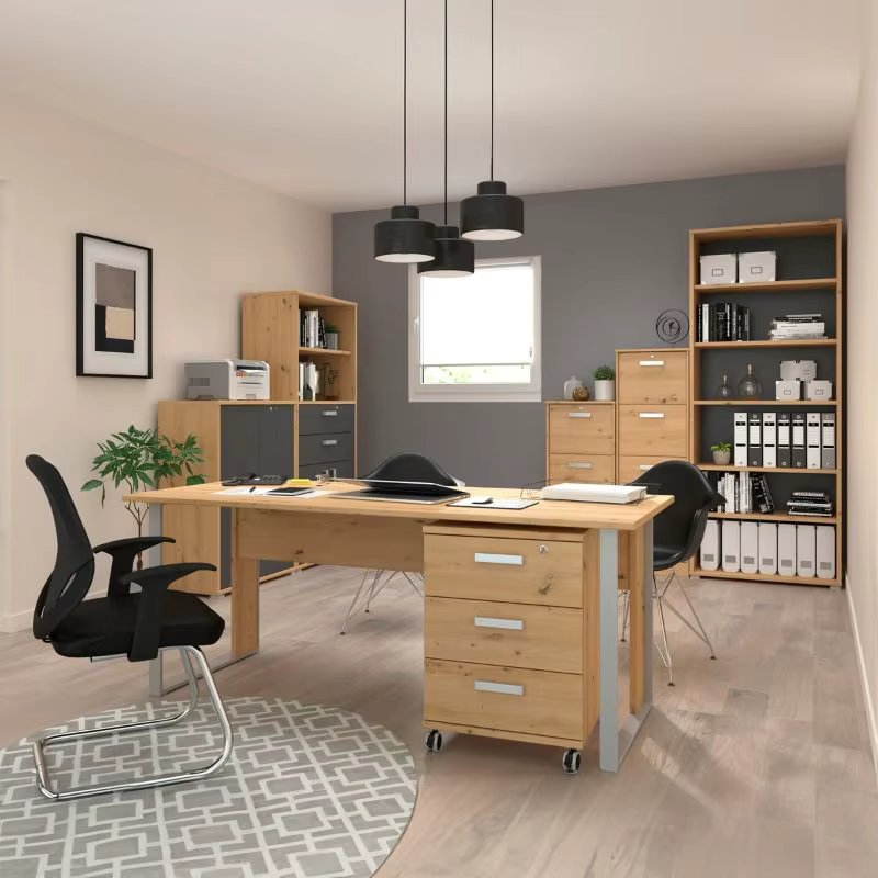 Miroytengo Pack office furniture Venture desk 120 CM + shelving + folding doors + drawers Oak artisan and gray