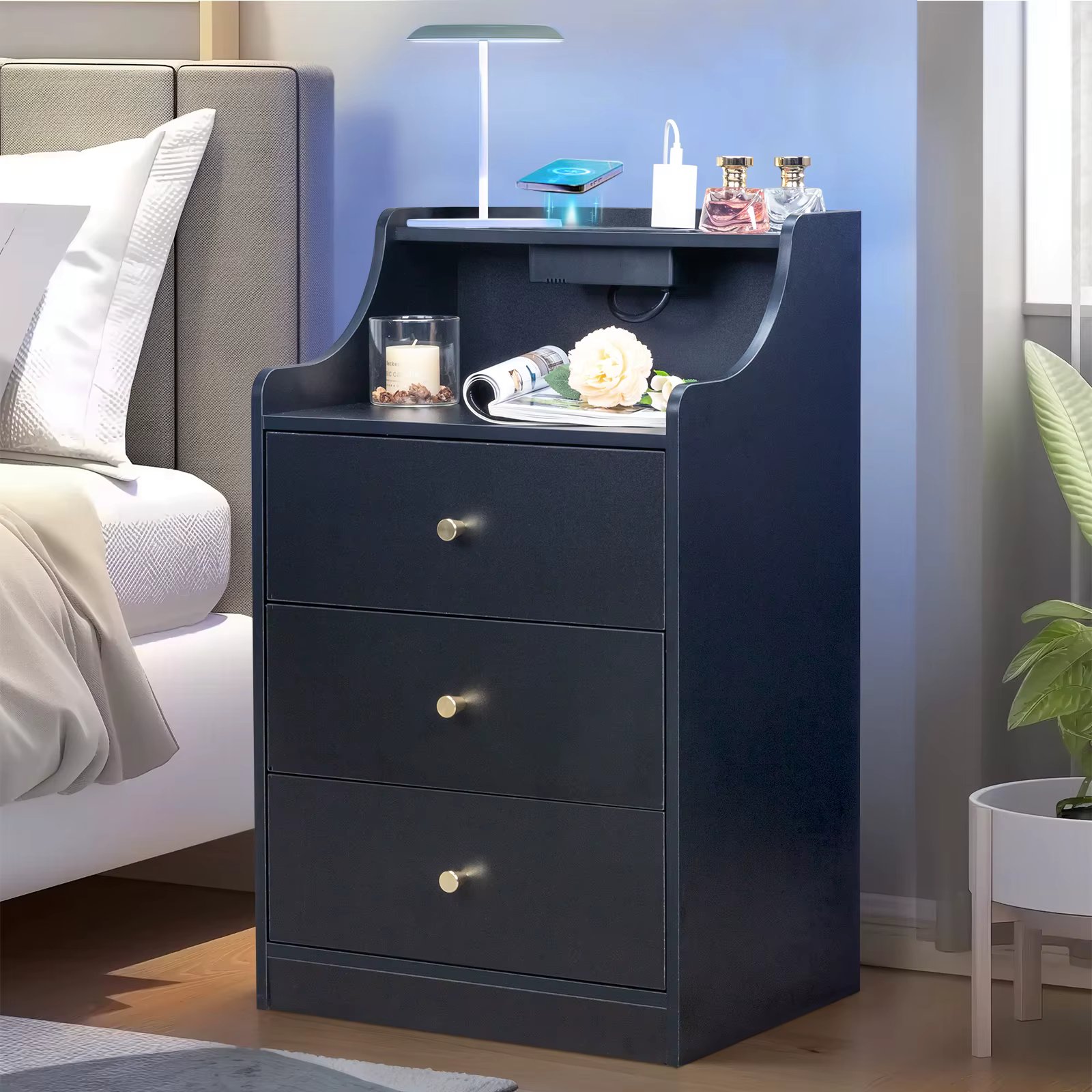 Black particleboard pasted triamine tri-draw with interlayer nightstand 1 wireless +2 usb ports +2 US gauge three-socket ports