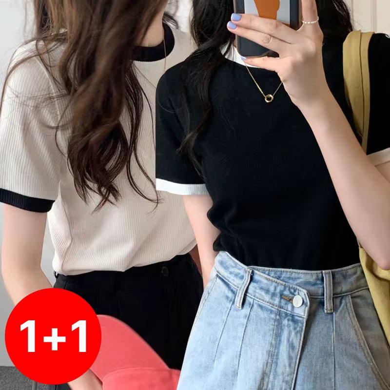 (1 + 1,2) Color Color Round Neck Short-sleeved T-Shirt Women Golfing Short Top TS2845