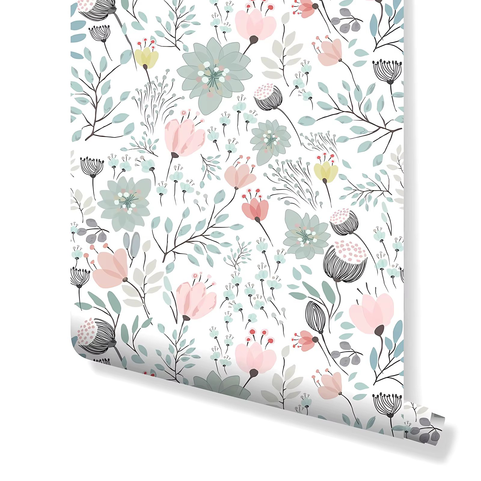 Boho Garden Flowers Wallpaper, Blue Green Floral Wall Decal Print, Botanical Self Adhesive Wall Mural,  Peel and Stick Wallpaper