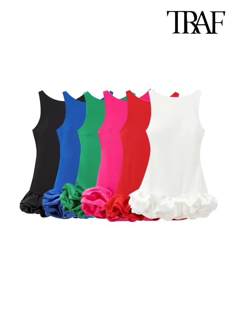 TRAF-Women's Patchwork Voluminous Mini Dress, O-Neck, Backless With Zipper, Female Dresses, Sexy Fashion