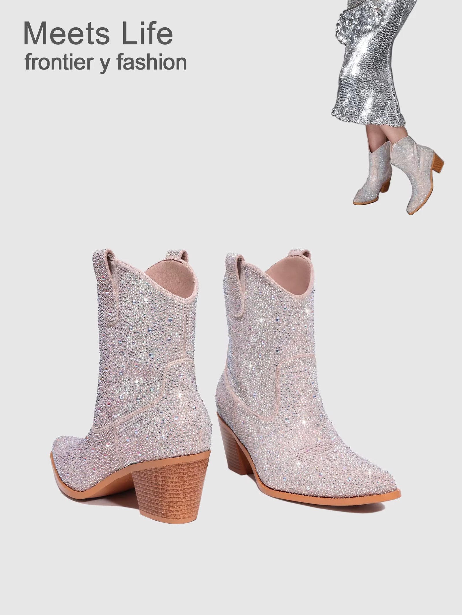 Ankle Apricot Rhinestone Cowboy Boots for Women - Sparkly Cowgirl Boots Wide Calf Glitter Bling Women's Western Boots Mid Calf K