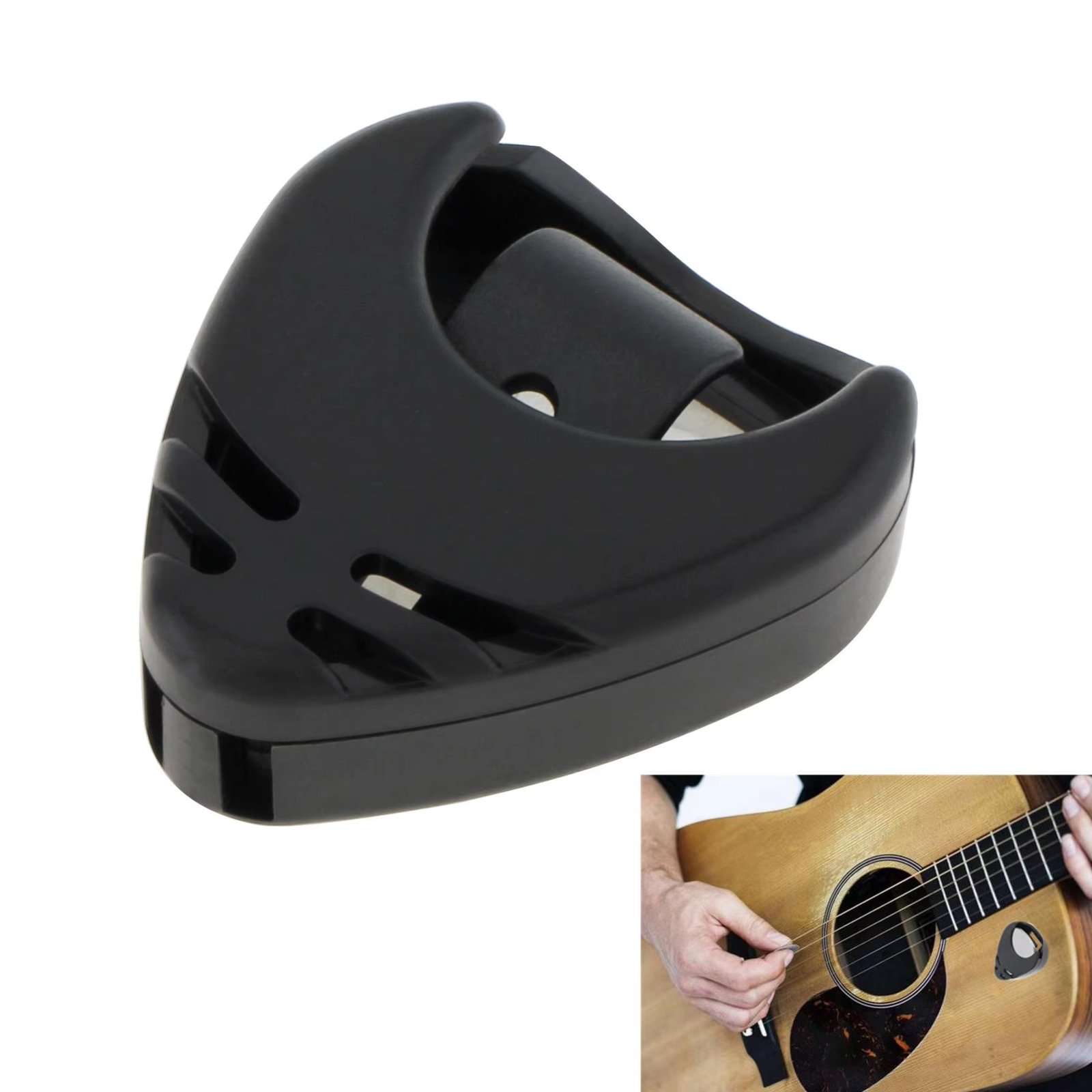 Black Plastic Stick on Guitar Pick Holder for Acoustic Guitars / Bass / Ukulele with Adhesive Back, Convenient Picks Placement