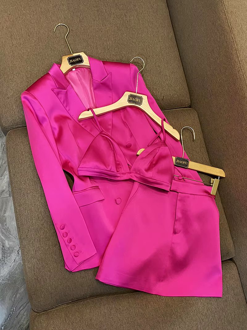 2 Colors Option Good Quality Satin Suit For Women Solid Double-breasted Blazer Minin Skirt With Bra 3Pcs For Lady