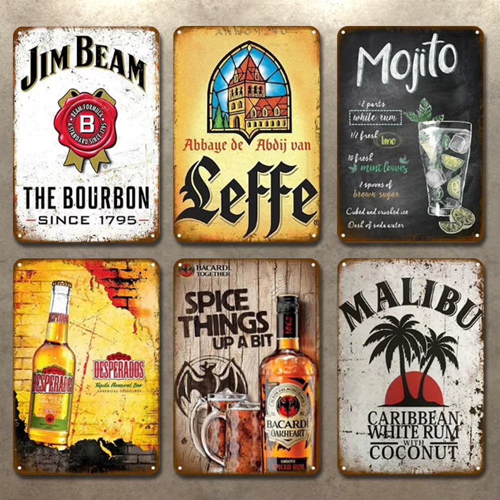 6Pcs Beer Vintage Metal Plate Rectangular Iron Painting Bar Home Decor 30x40cm Tin Painting for Decoration/New Year Gift