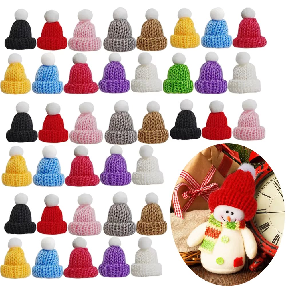 30PCS Mini Knitting Hats Christmas Knitting Doll Hats Assorted Color Mini Wool Hat for Christmas Ornaments DIY Art and Craft