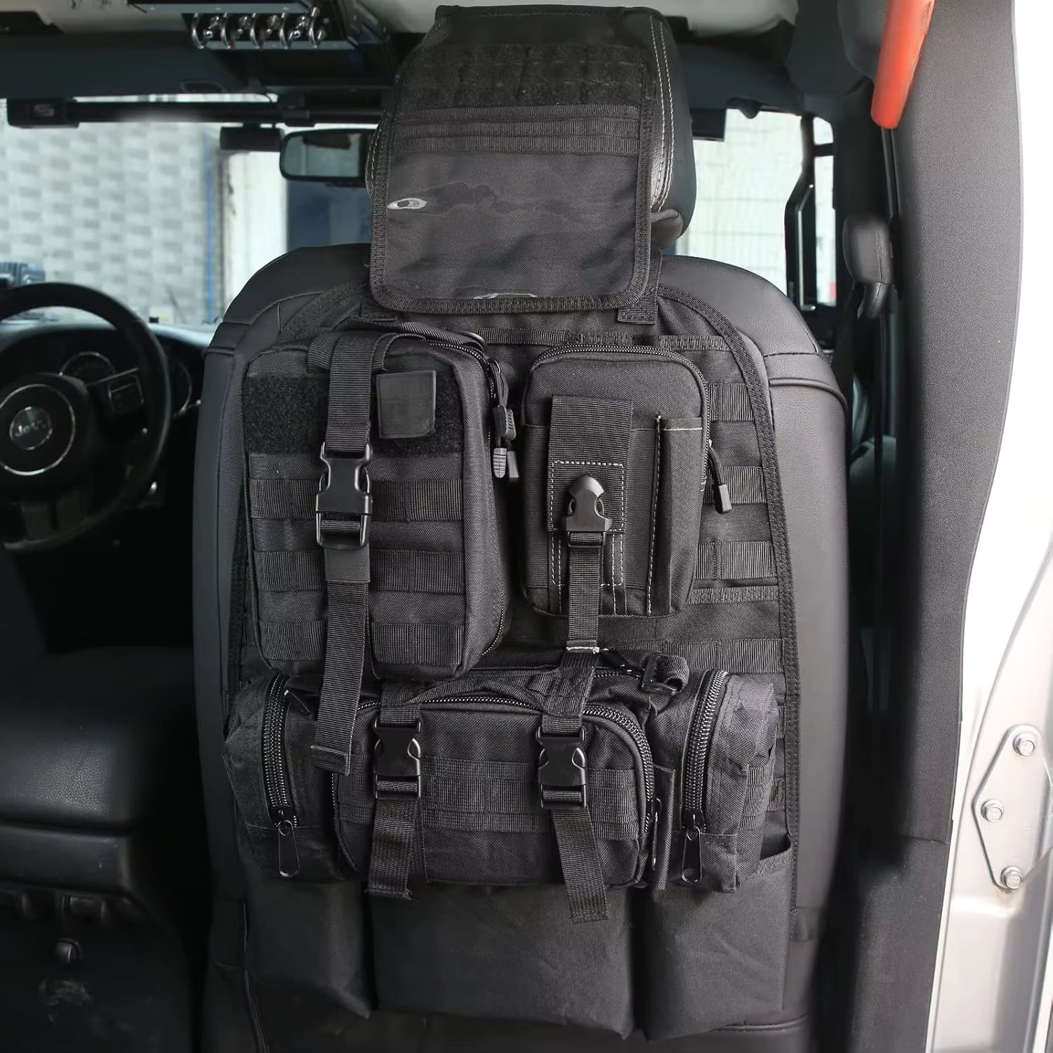 OMU Tactical Car Seat Back Organizer, Molle Panel with 3 Detachable Pouches, Multi-Pocket System, Space Saving, Easy Install