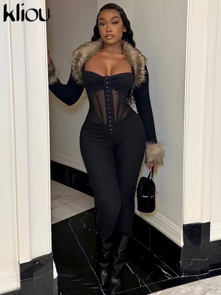 kliou Mesh Patchwork Jumpsuits Women Hipster Spaghetti Strap Body-shaping Transpency Skinny Overalls Girls Party Club One Piece