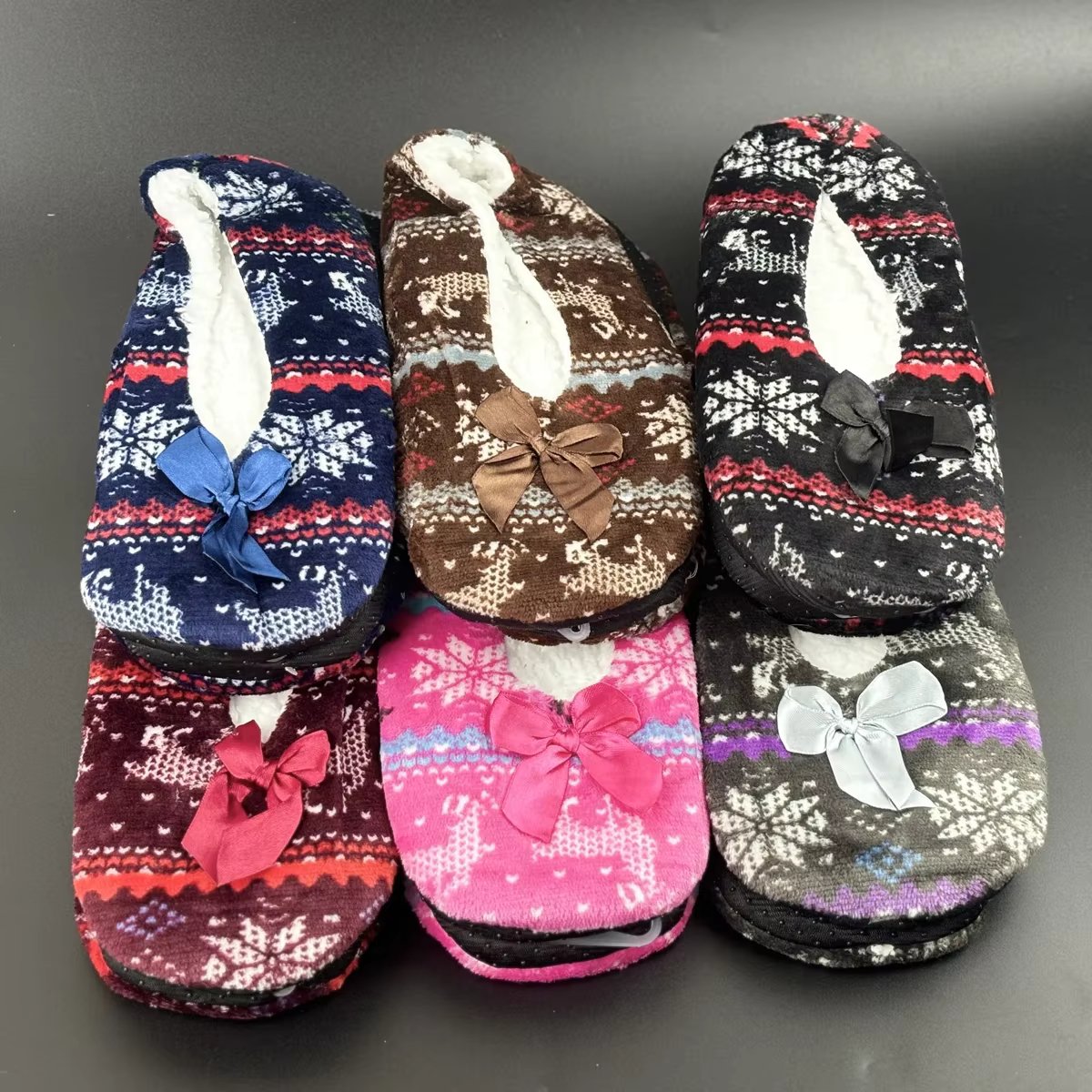 Fluffy Female Floor Slipper Women Bow Knot Snowflake Winter Warm Thick Fur Skid Grip Cute Funny Indoor Home House Shoe Christmas