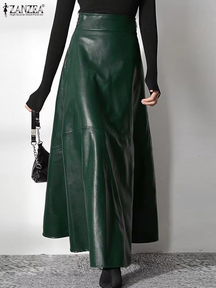 2023 Fashion Solid Mujer Faldas ZANZEA PU Leather Maxi Skirts Women's Elegant OL Long Saias Casual High Waist Zipper Jupe Femme