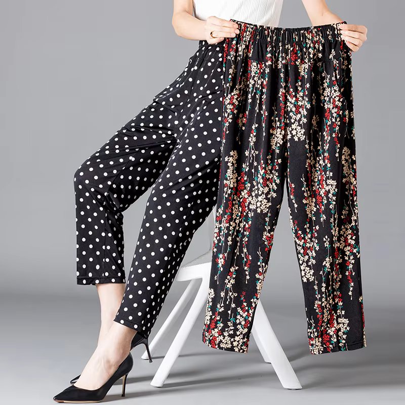 XL-8XL Summer Women Harem Pants Casual High Waist Pants Printed Elastic Waist Middle Aged Women Trousers Summer Bottoms