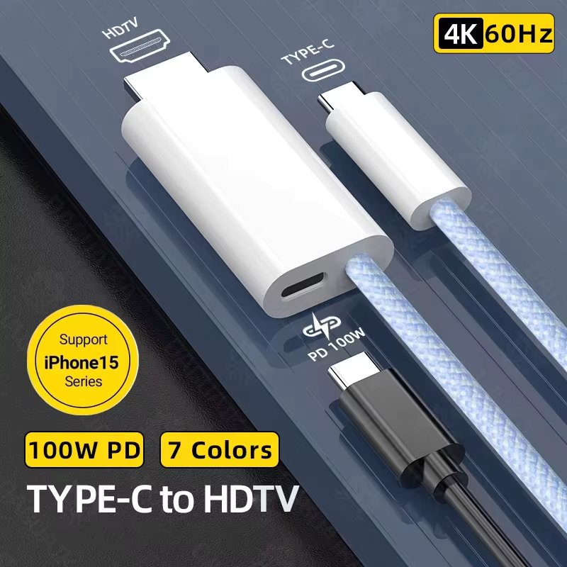 4K 60Hz/30Hz USB Type C To HDTV-Compatible Cable with PD 100W  Thunderbolt 4/3 Compatible For iPhone 15 Air iPad Samsung HDTV
