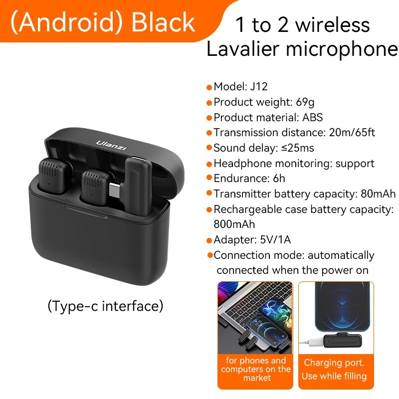 Ulanzi J12 Professional Wireless Lavalier Microphone For iPhone Android PC Live Broadcast Gaming Audio Video Recording Mini Mic