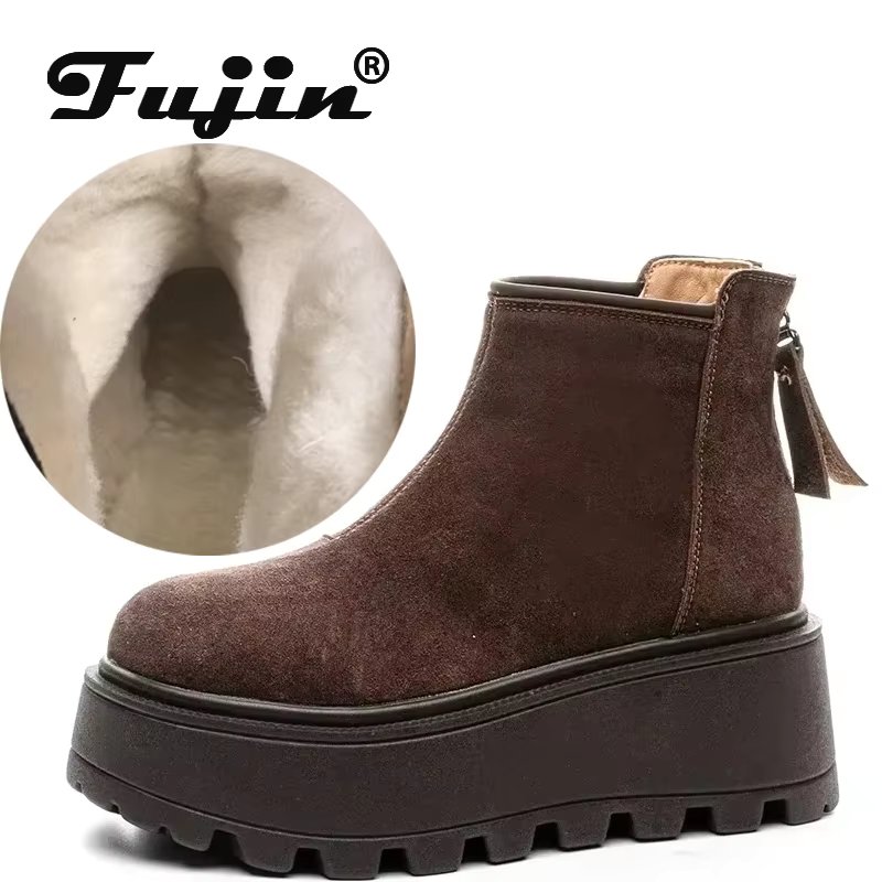 Fujin 7cm Suede Cow Genuine Leather Snow Boots Women Ankle Booties Platform Wedge Winter Plush Chelsea Boots Shoes for Women