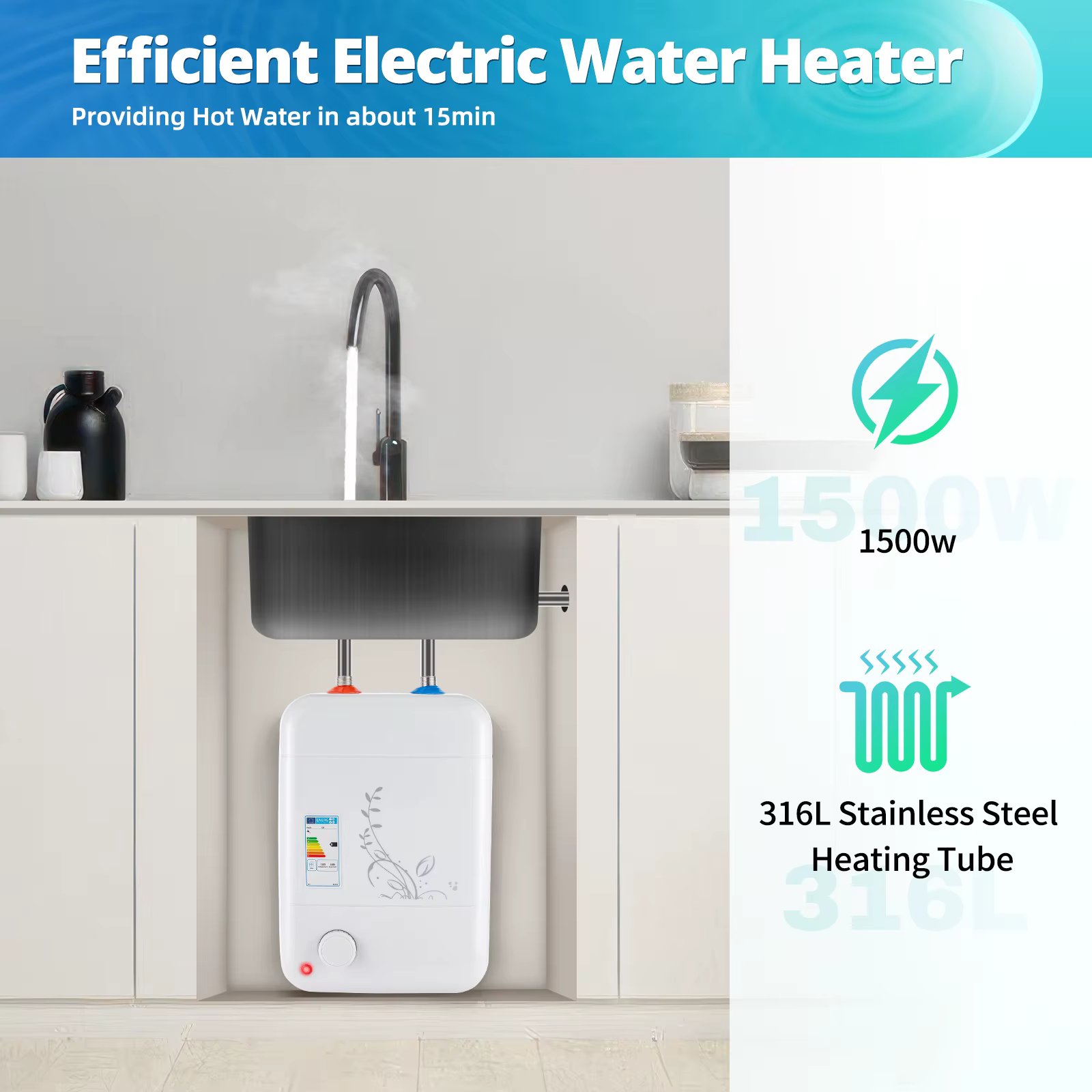 8L Electric Water Heater 220V 1500W Storage Type Top Outlet Kitchen Heater Instant Heating Water Boiler