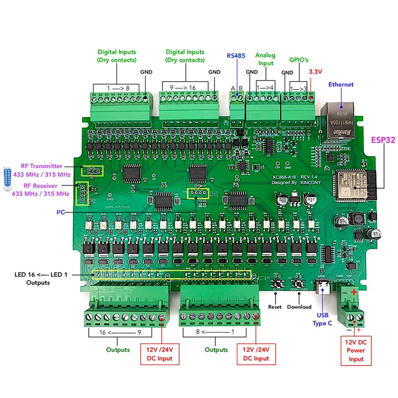 Kincony A16 ESP32 Development Board MQTT TCP Web HTTP ESPhome Home Assistant Tasmota DIY Module Arduino IDE WiFi Relay Switch