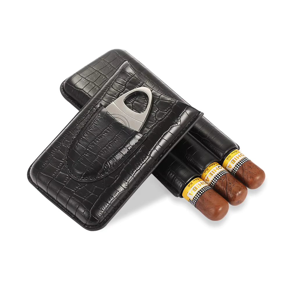 GALINER Portable Leather Cigar Case With Guillotine Cutter Cigar Travel Humidor 2/3 CT Capacity Mini Humidor Cigar Box