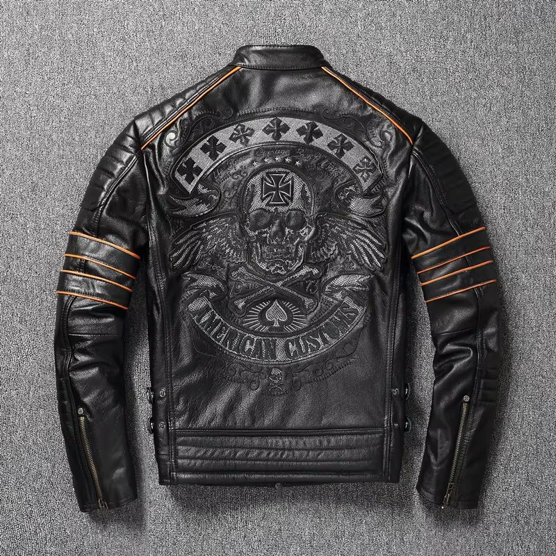 2023 New Skull Embroidery Men's First Layer Cowhide Leather Jacket Motorcycle Slim  Oversize Coat