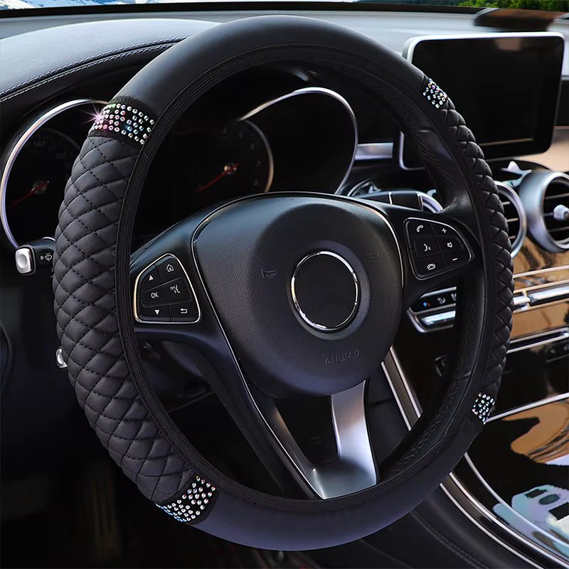 Four Seasons Universal Car Steering Wheel Cover 37-38cm Leather Embroidered Color Diamond-Studded Elastic Steering Wheel Cover