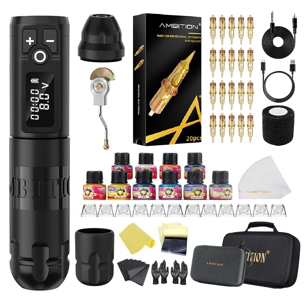 Ambition Soldier Kit Wireless Tattoo Machine Pen Gun 20pcs Glory Tattoo Cartridge Needle Set for Beginners & Professional Artist