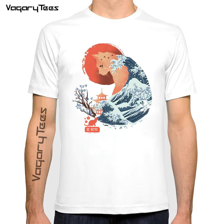 Japanese Ukiyo Cat Wave Printed Streetwear T Shirts 2022 Summer Mens Hip Hop Casual Ukiyo Meow Short Sleeve Top Tees Male Tshirt