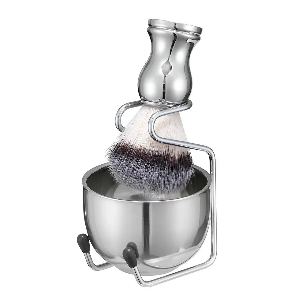 3in1 Vegan Style Synthetic Badger Hair Shaving Brush, Stainless Steel Shaving Soap Bowl and Brush Holder Stand Set for Men