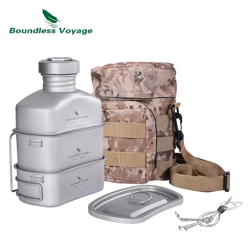 Boundless Voyage Titanium Military Canteen Cups Set Camping Cookware Outdoor 1100ml Bottle 750ml Pot 400ml Pan Cooking Kit