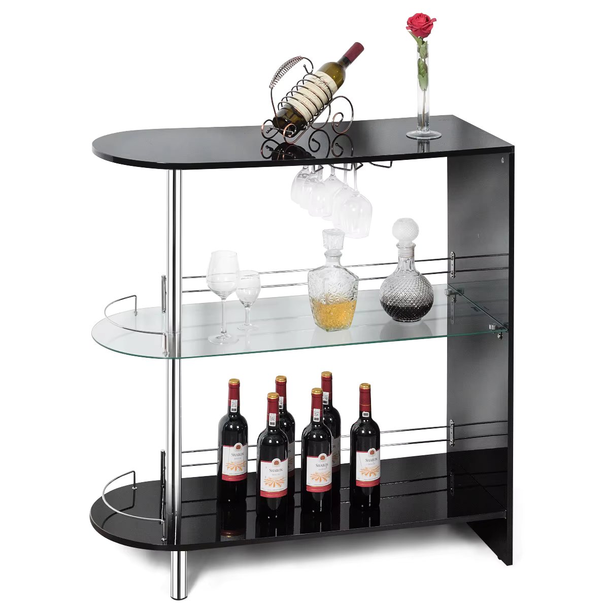 Costway Bar Table Wine Storage Unit w/Tempered Glass Shelf & Glass Holders Glossy  Black