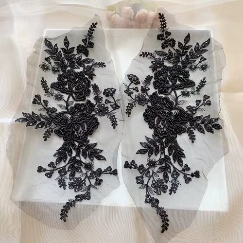 2PCS/1Pair Black and White Nail Bead Flower Leaves Embroidery High Set Wedding Dress Headdress Lace Mirror Flower RS4154