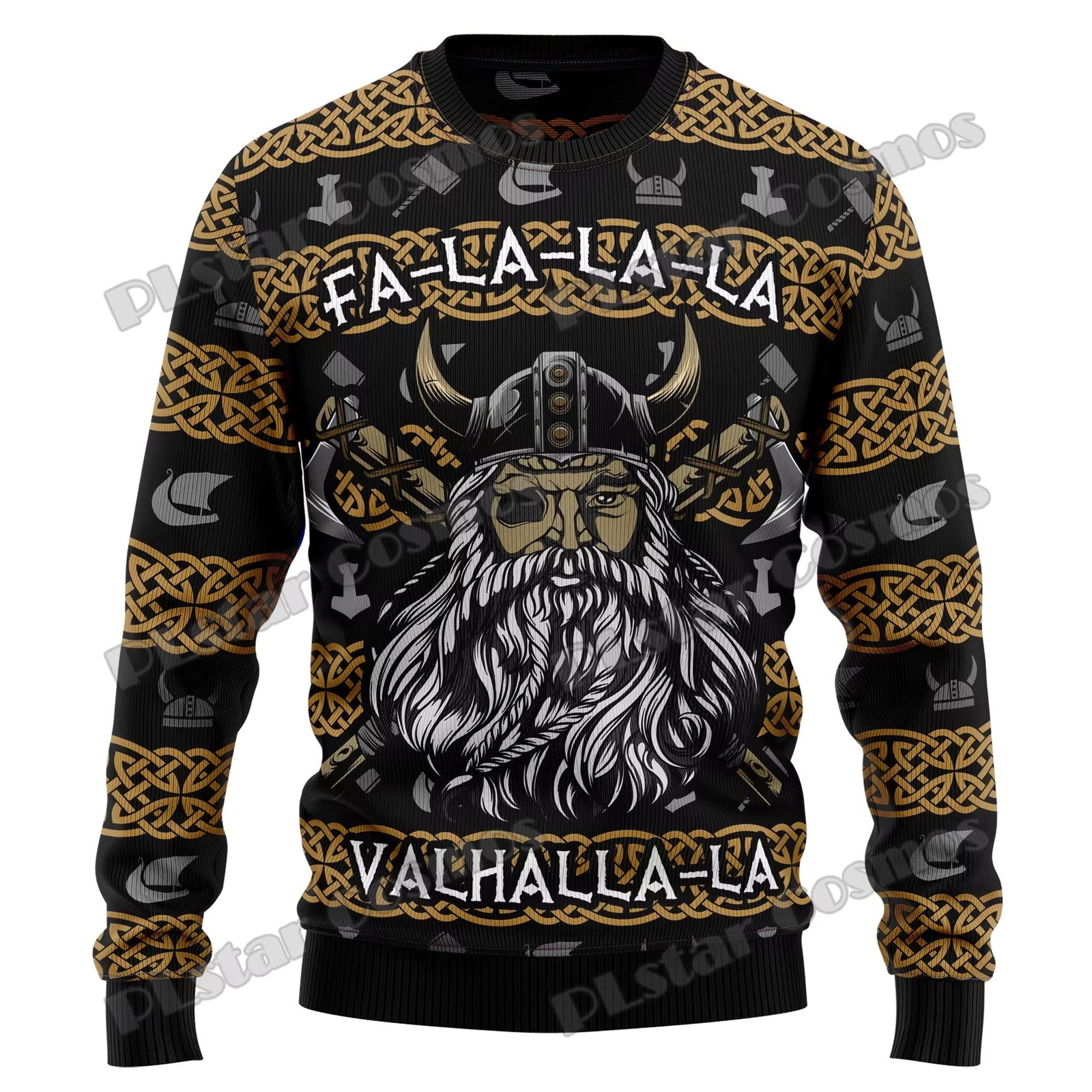 Autumn Winter Unisex Casual Knit Pullover Sweater Valhalla Fa-La-La-La & Skulls 3D Printed Men's Ugly Christmas Sweater KMY08