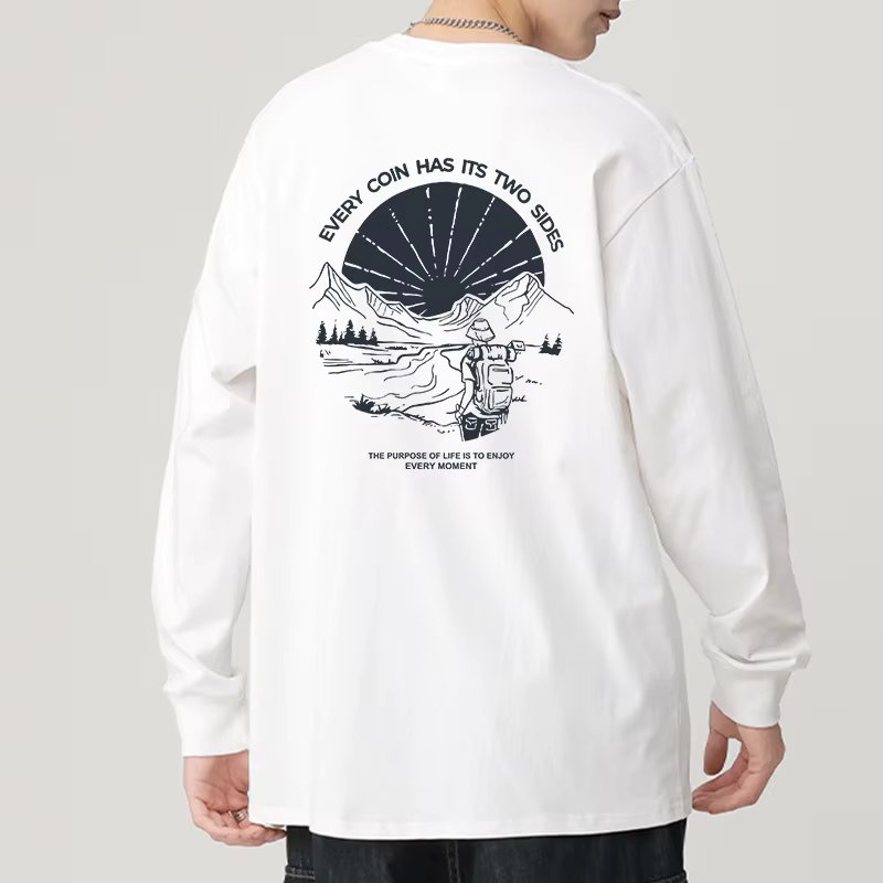 Trend-in front back print long-sleeved T-shirt men's cotton 100% autumn and winter loose fitting box long tee TS2883