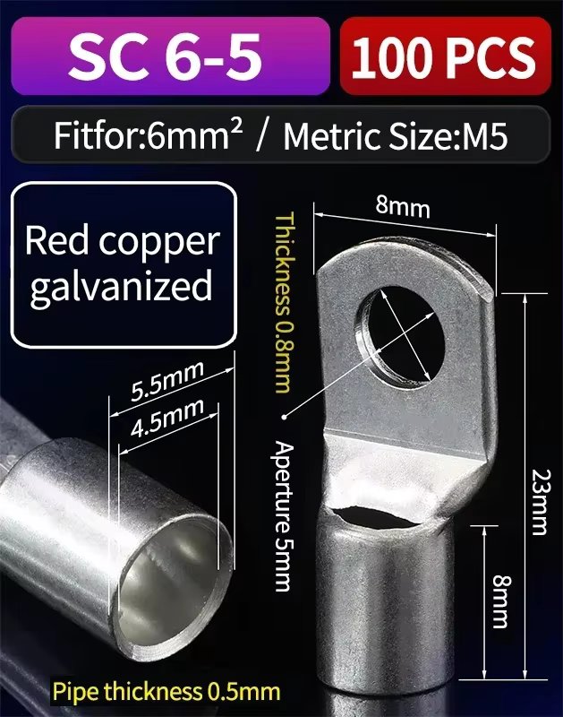 100/500 Pcs Bolt Hole Tinned Copper Lugs Ring Crimp Terminal Wire Welding Cable Connector Suit SC6-8 SC10-8 SC16-6 SC16-8 SC25-6