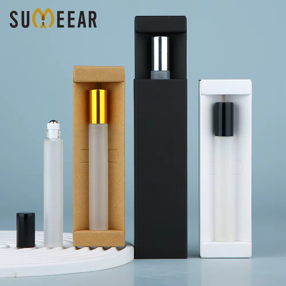 50Pcs/Lot 10ml Frosted Roller Perfume Bottle with Box Empty Roll On Frost Essential Oil Bottle Cosmetics Container