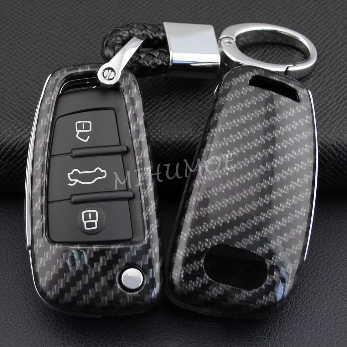 For Audi A1 A3 S3 Q3 Q7 TT Carbon Fiber Car Flip Key Fob Holder Keychain Case Protect Cover Accessories