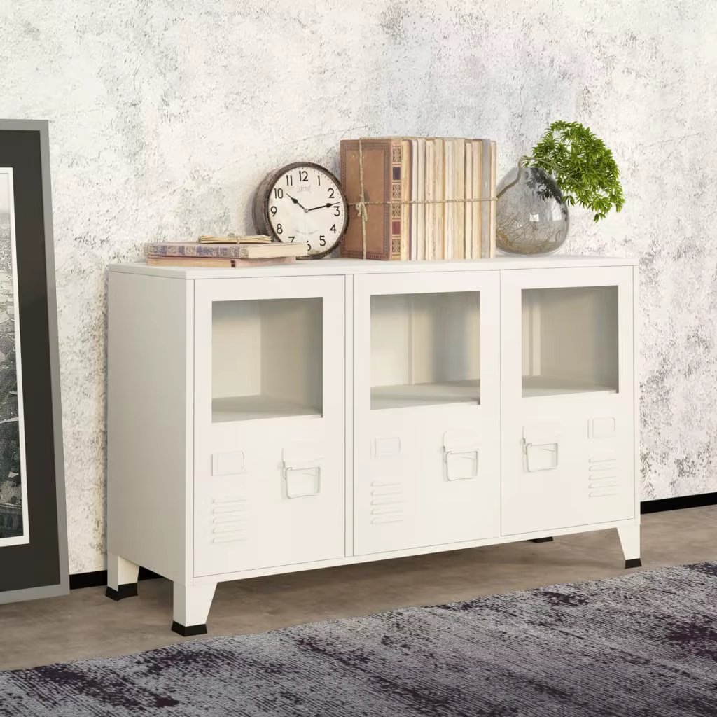 Industrial Sideboard Weiß 105x35x62 cm Metall und Glas,Esszimmer Küchenschrank Möbel Anrichte Beistelltisch Möbel