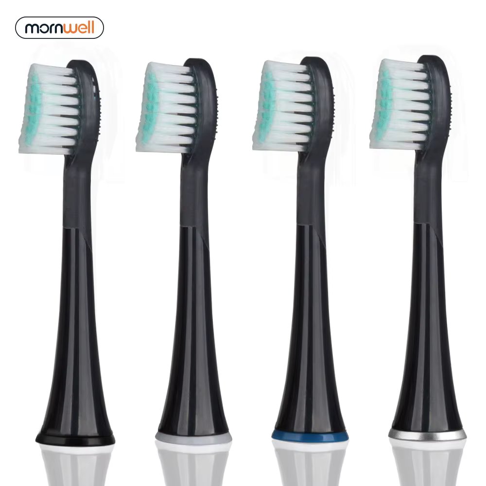 Mornwell 4pcs D901/D902 Black Rubberied Replacement Toothbrush Heads with Caps for Mornwell D01B Electric Toothbrush
